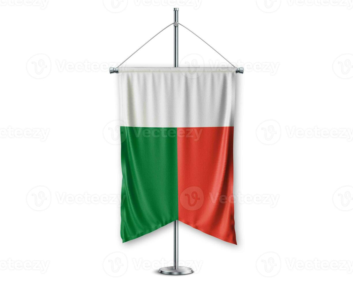 Madagascar up pennants 3D flags on pole stand support pedestal realistic set and white background. - Image photo