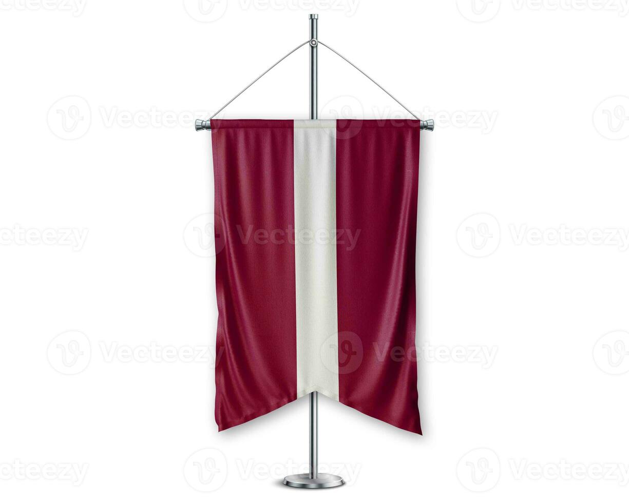 Latvia up pennants 3D flags on pole stand support pedestal realistic set and white background. - Image photo