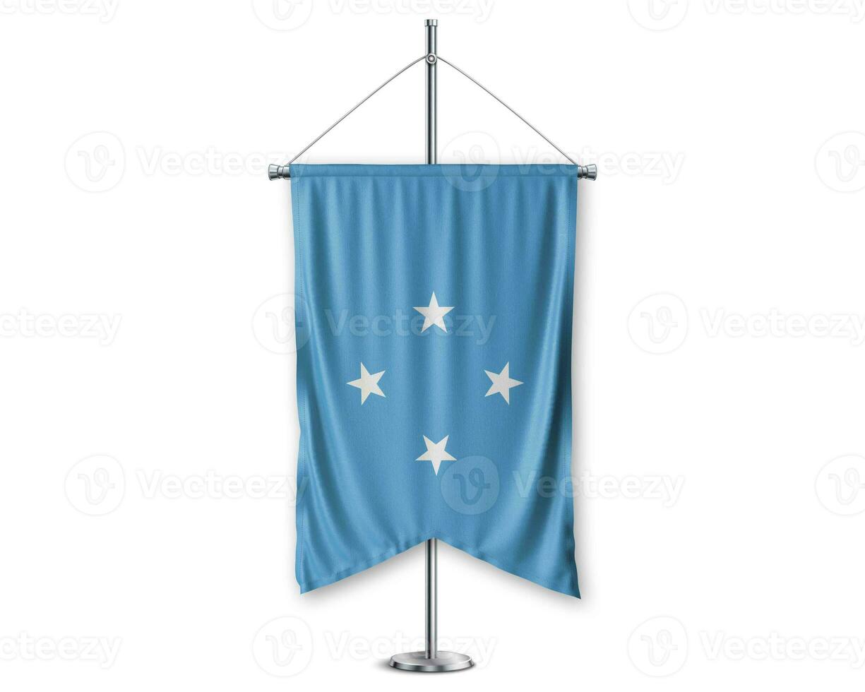 Micronesia up pennants 3D flags on pole stand support pedestal realistic set and white background. - Image photo