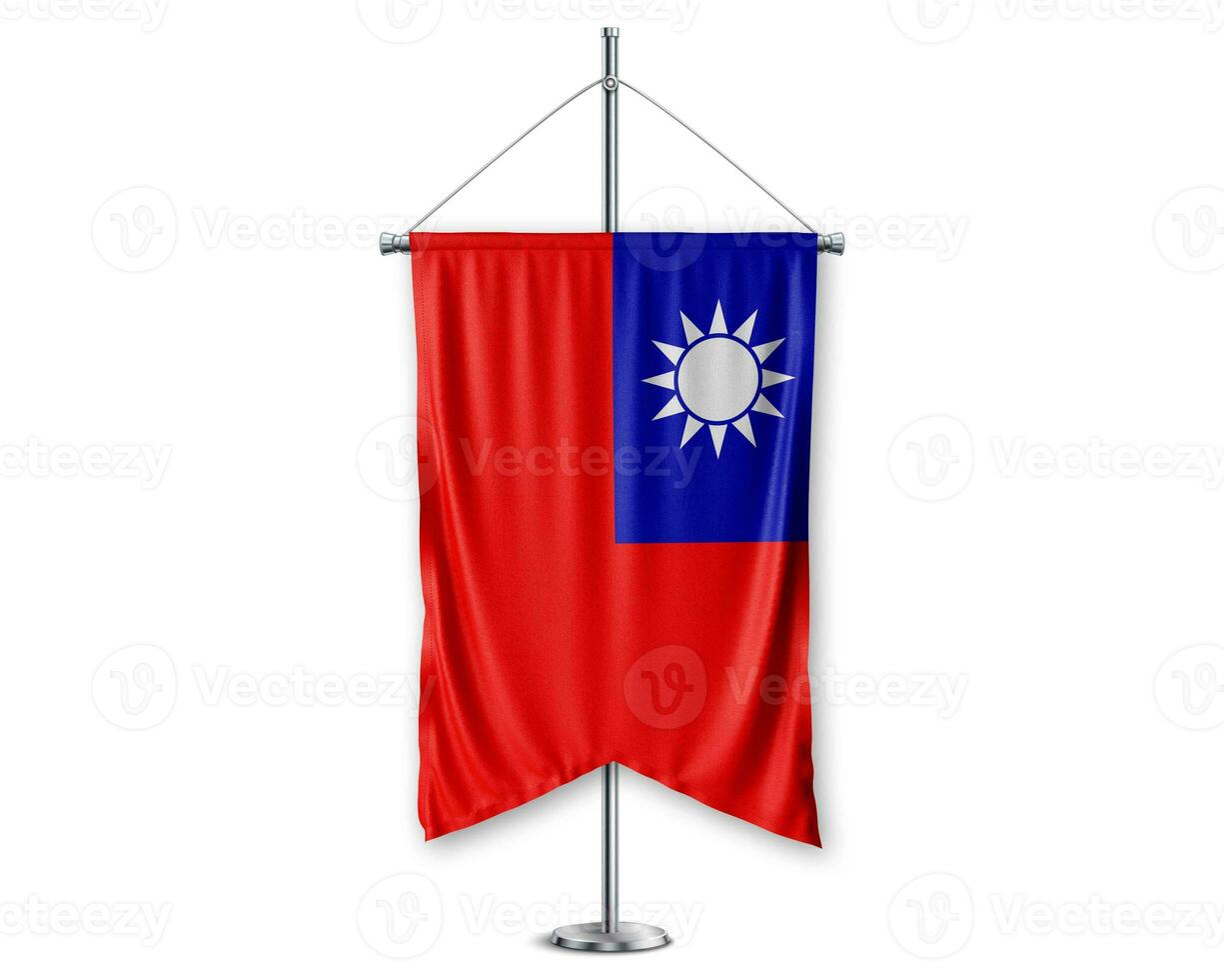 Taiwan up pennants 3D flags on pole stand support pedestal realistic set and white background. - Image photo