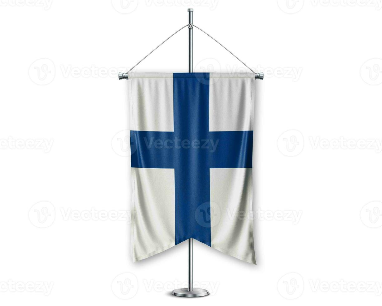 Finland up pennants 3D flags on pole stand support pedestal realistic set and white background. - Image photo