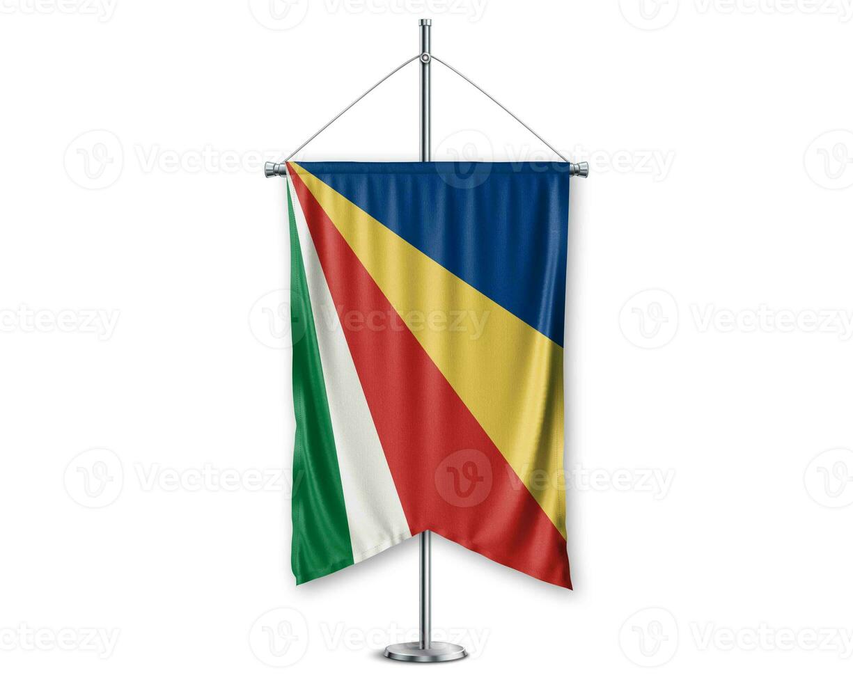 Seycheiles up pennants 3D flags on pole stand support pedestal realistic set and white background. - Image photo