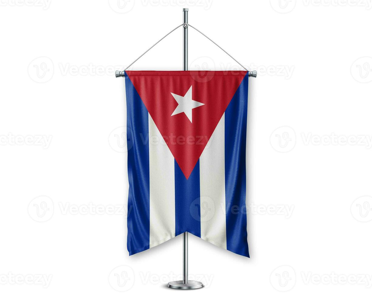 Cuba up pennants 3D flags on pole stand support pedestal realistic set and white background. - Image photo