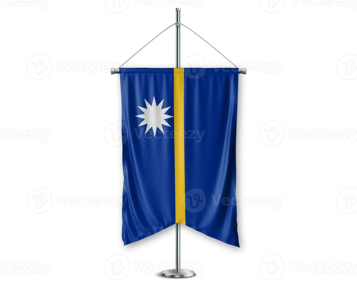 Nauru up pennants 3D flags on pole stand support pedestal realistic set and white background. - Image photo