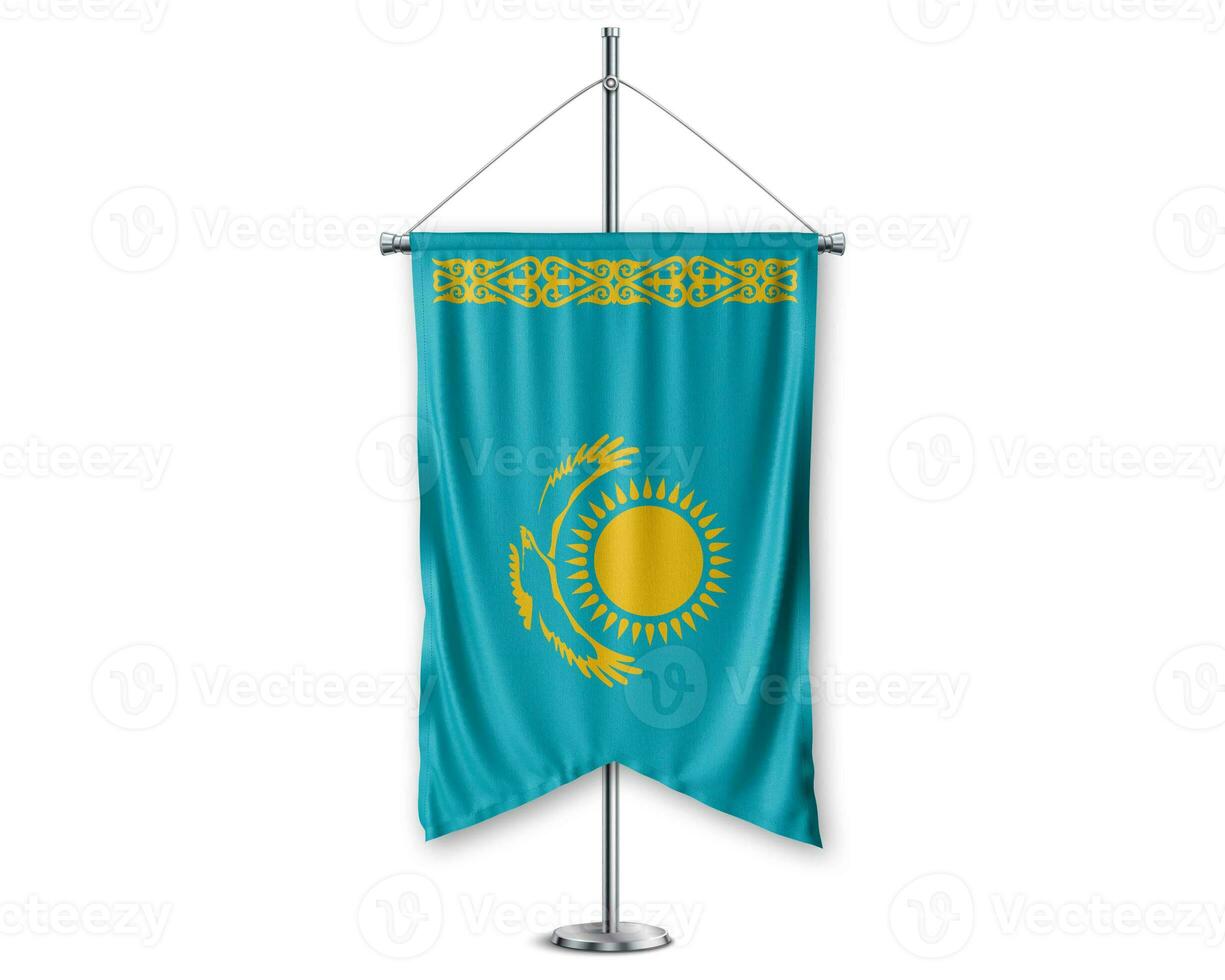 Kazakhstan  up pennants 3D flags on pole stand support pedestal realistic set and white background. - Image photo