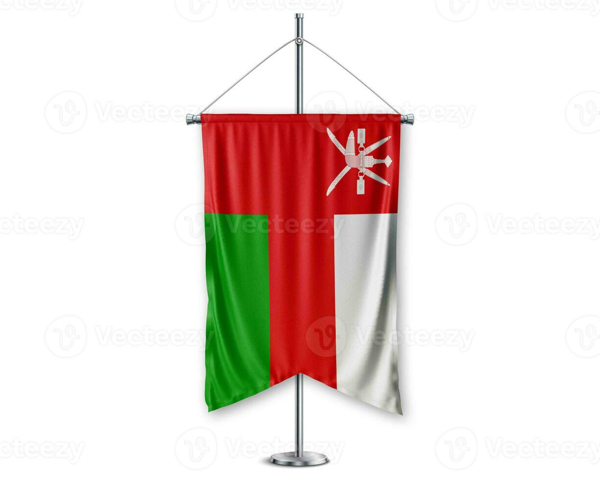 oman up pennants 3D flags on pole stand support pedestal realistic set and white background. - Image photo