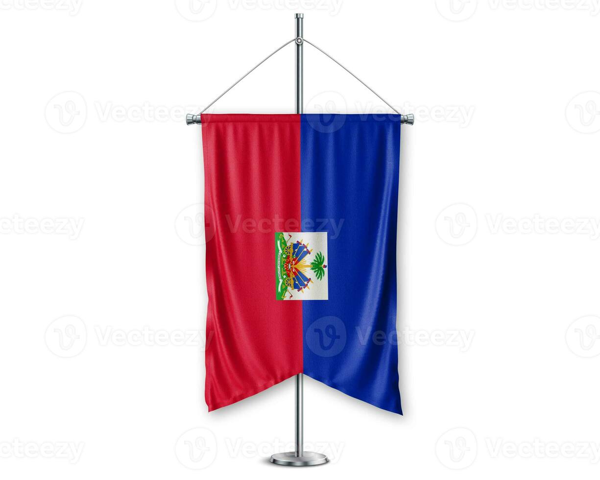 Licenes up pennants 3D flags on pole stand support pedestal realistic set and white background. - Image photo