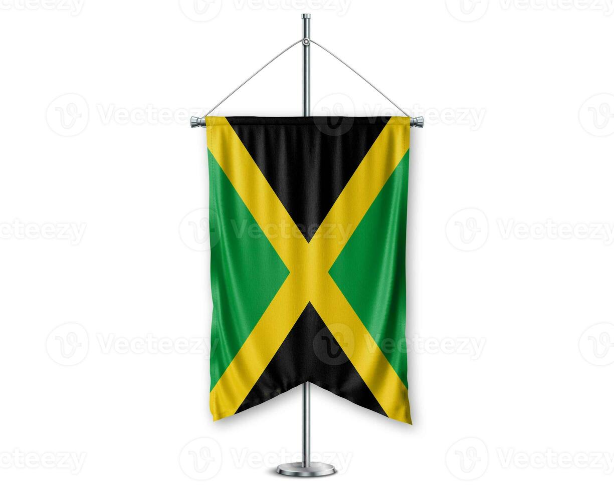 Jamaica up pennants 3D flags on pole stand support pedestal realistic set and white background. - Image photo