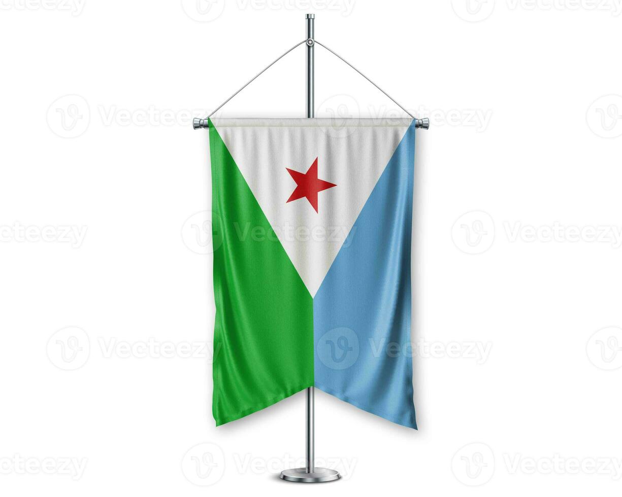 Djibouti  up pennants 3D flags on pole stand support pedestal realistic set and white background. - Image photo