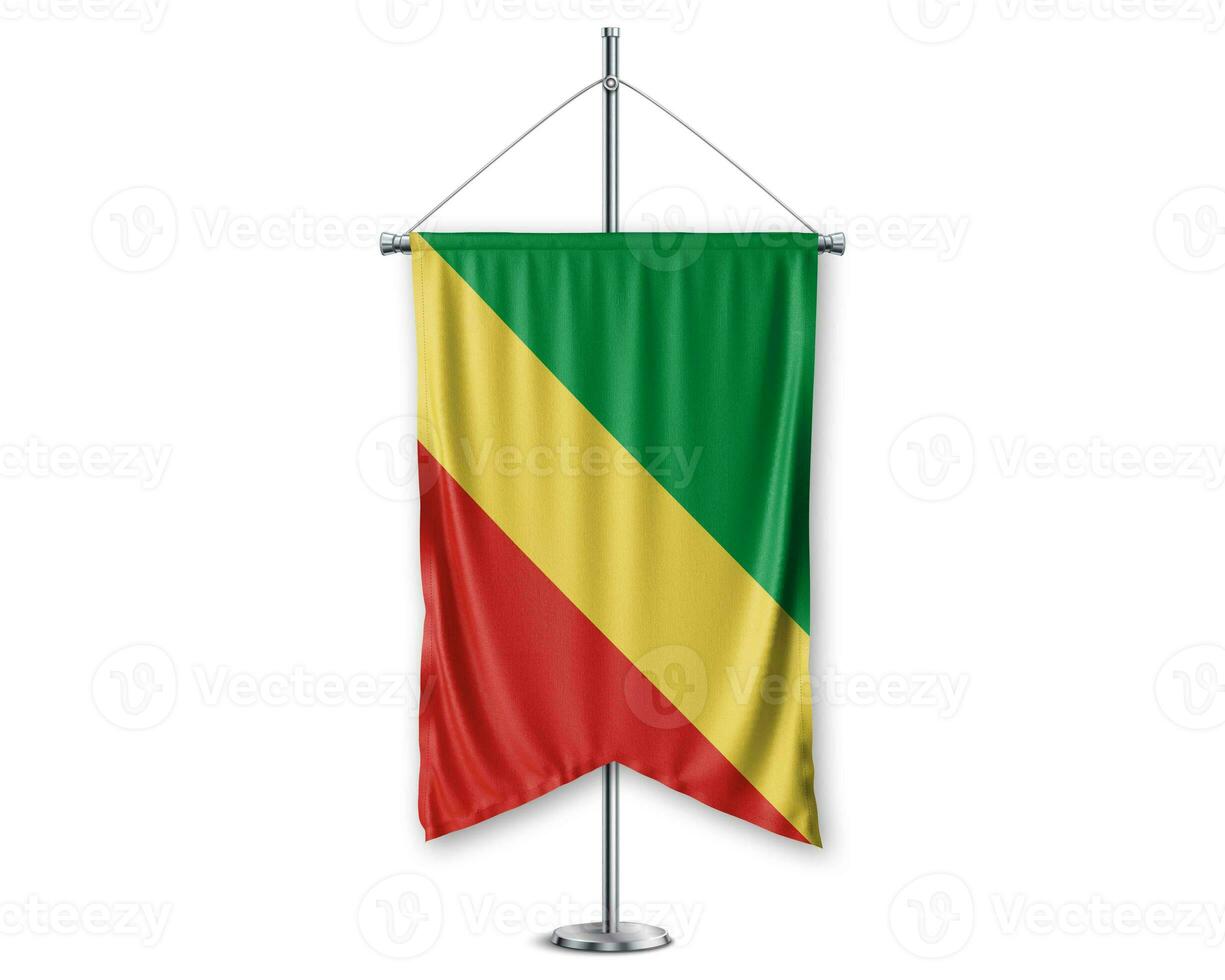 Republic of the conqo up pennants 3D flags on pole stand support pedestal realistic set and white background. - Image photo