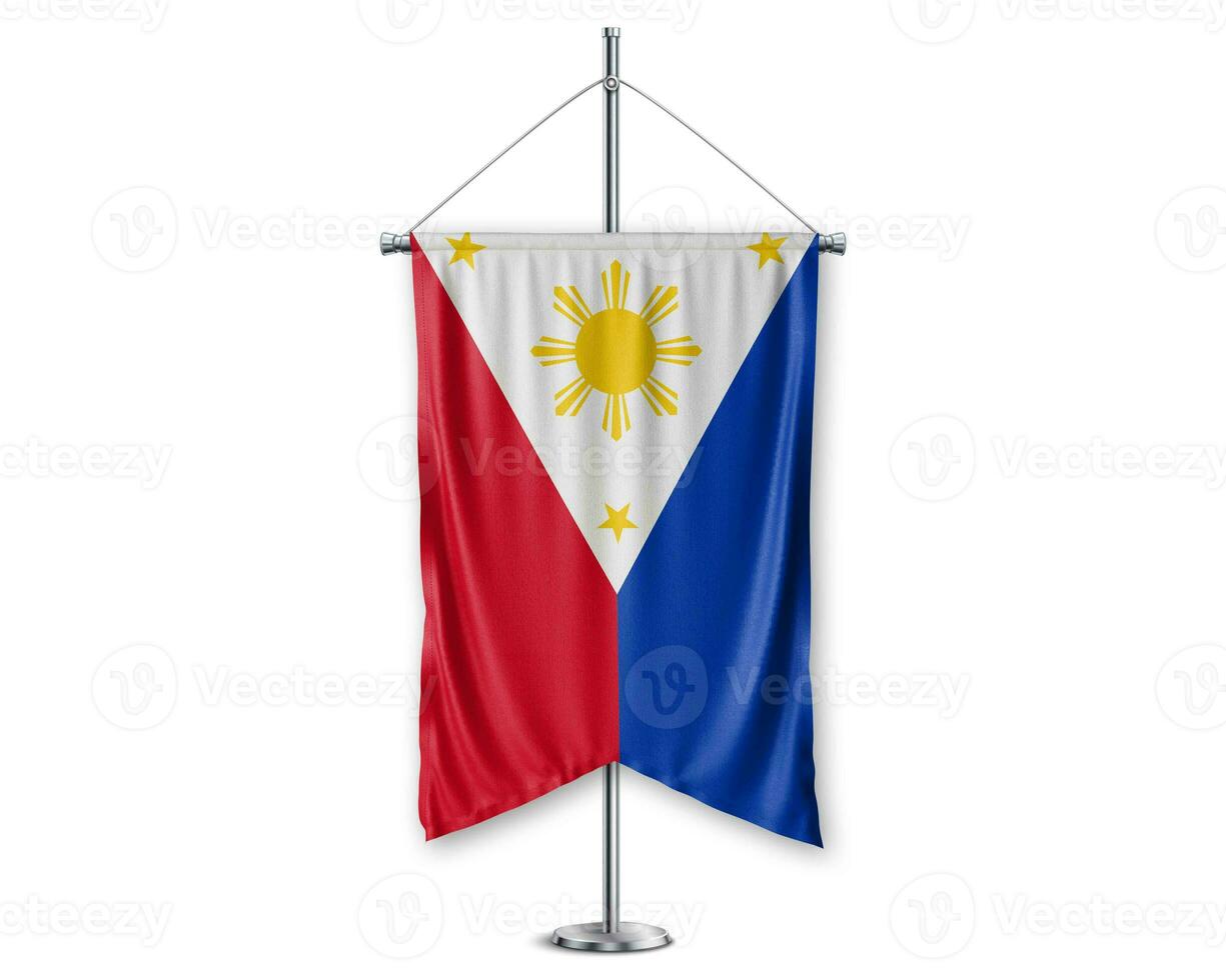 Philippines up pennants 3D flags on pole stand support pedestal realistic set and white background. - Image photo