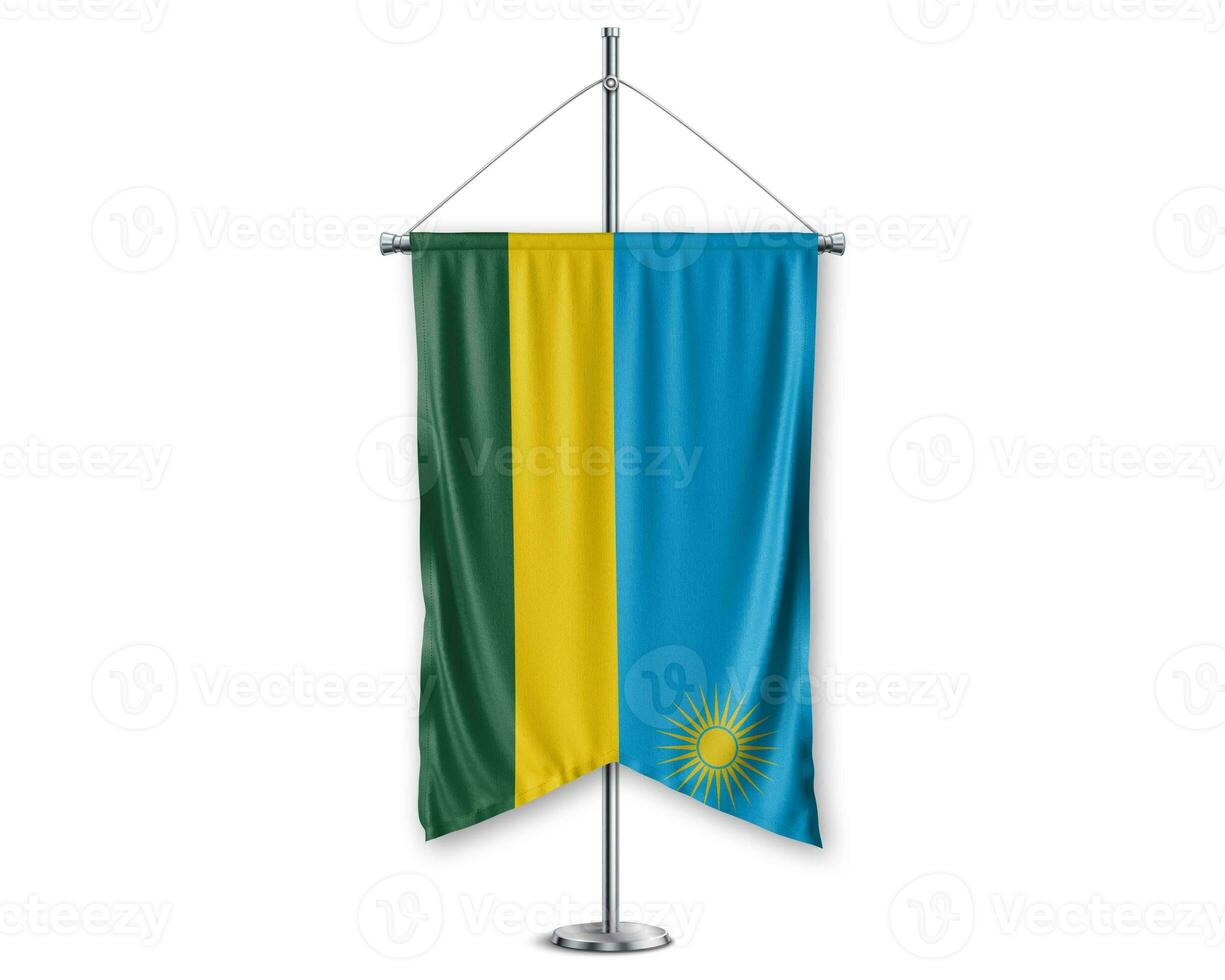 Rwanda up pennants 3D flags on pole stand support pedestal realistic set and white background. - Image photo