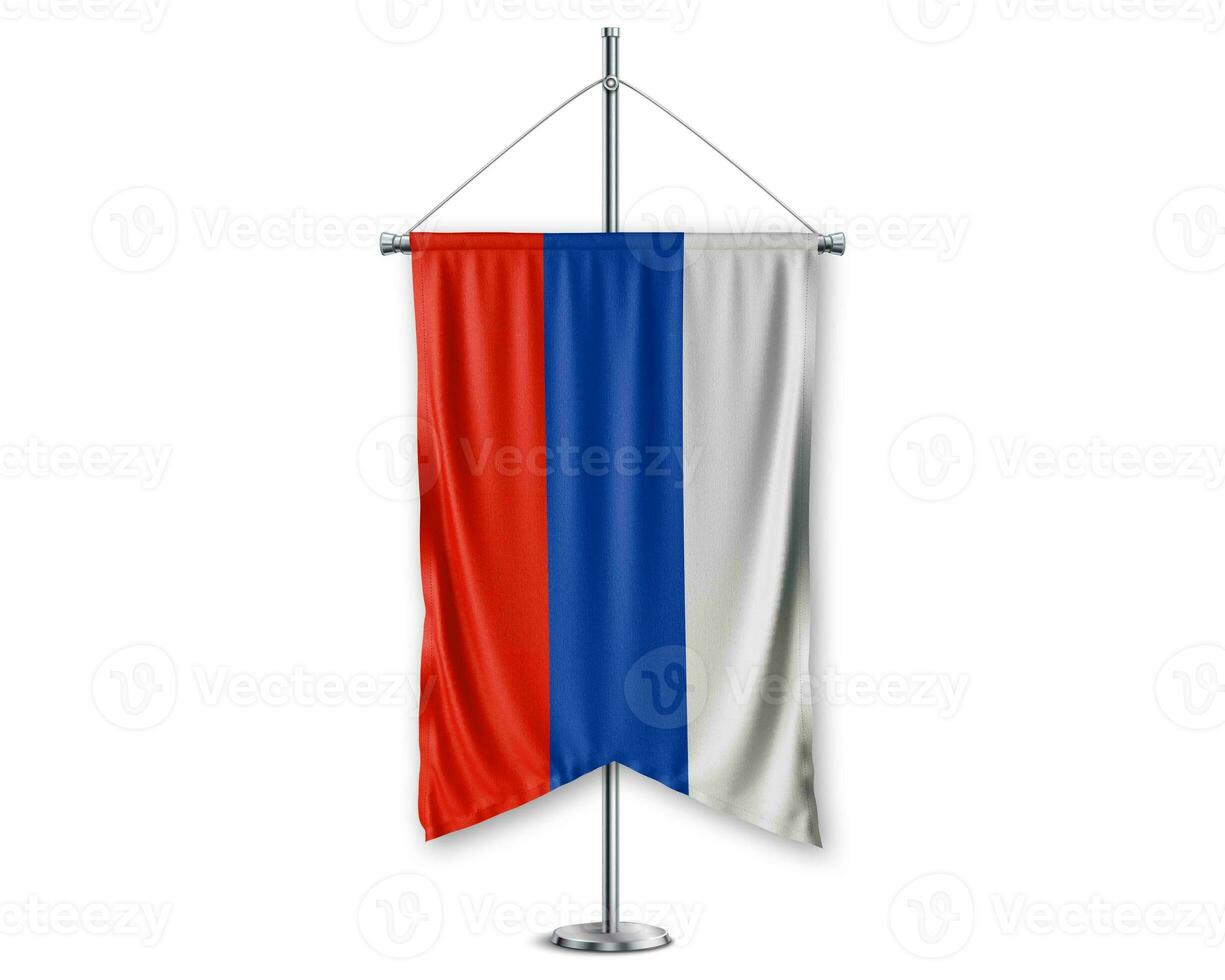 Russia up pennants 3D flags on pole stand support pedestal realistic set and white background. - Image photo
