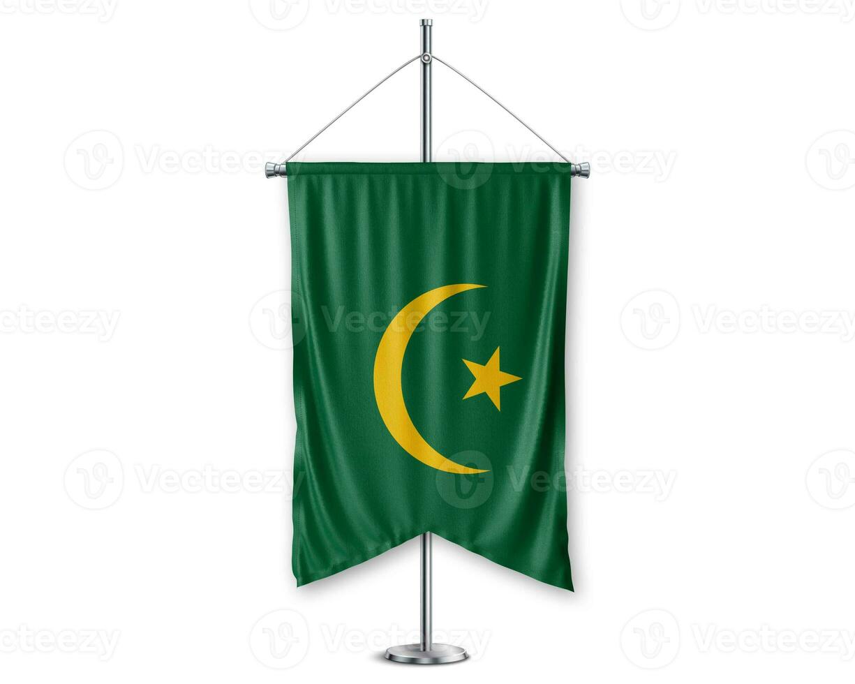 Mauritania up pennants 3D flags on pole stand support pedestal realistic set and white background. - Image photo