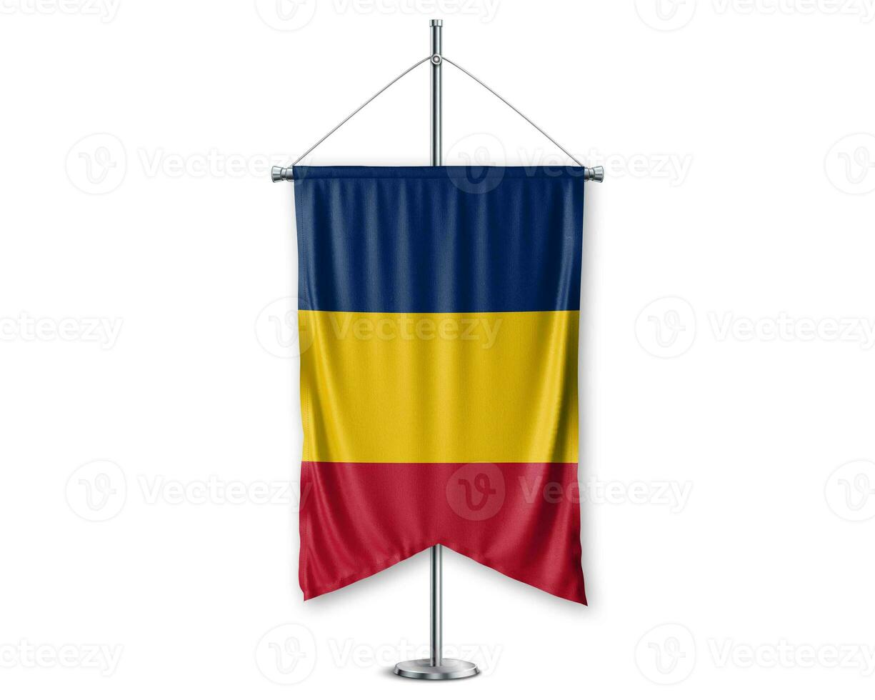 Chad up pennants 3D flags on pole stand support pedestal realistic set and white background. - Image photo