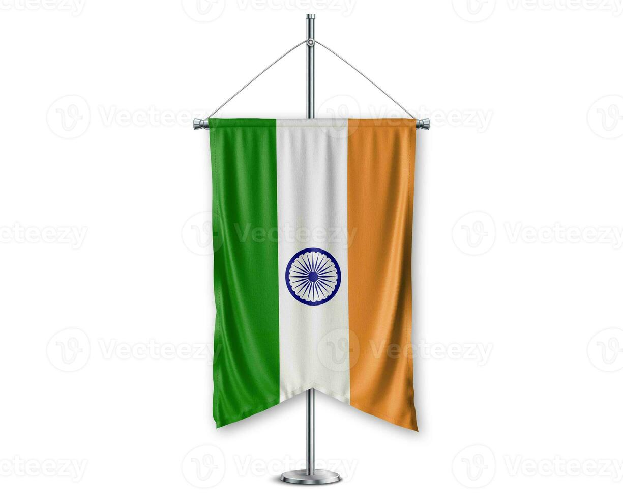 India up pennants 3D flags on pole stand support pedestal realistic set and white background. - Image photo