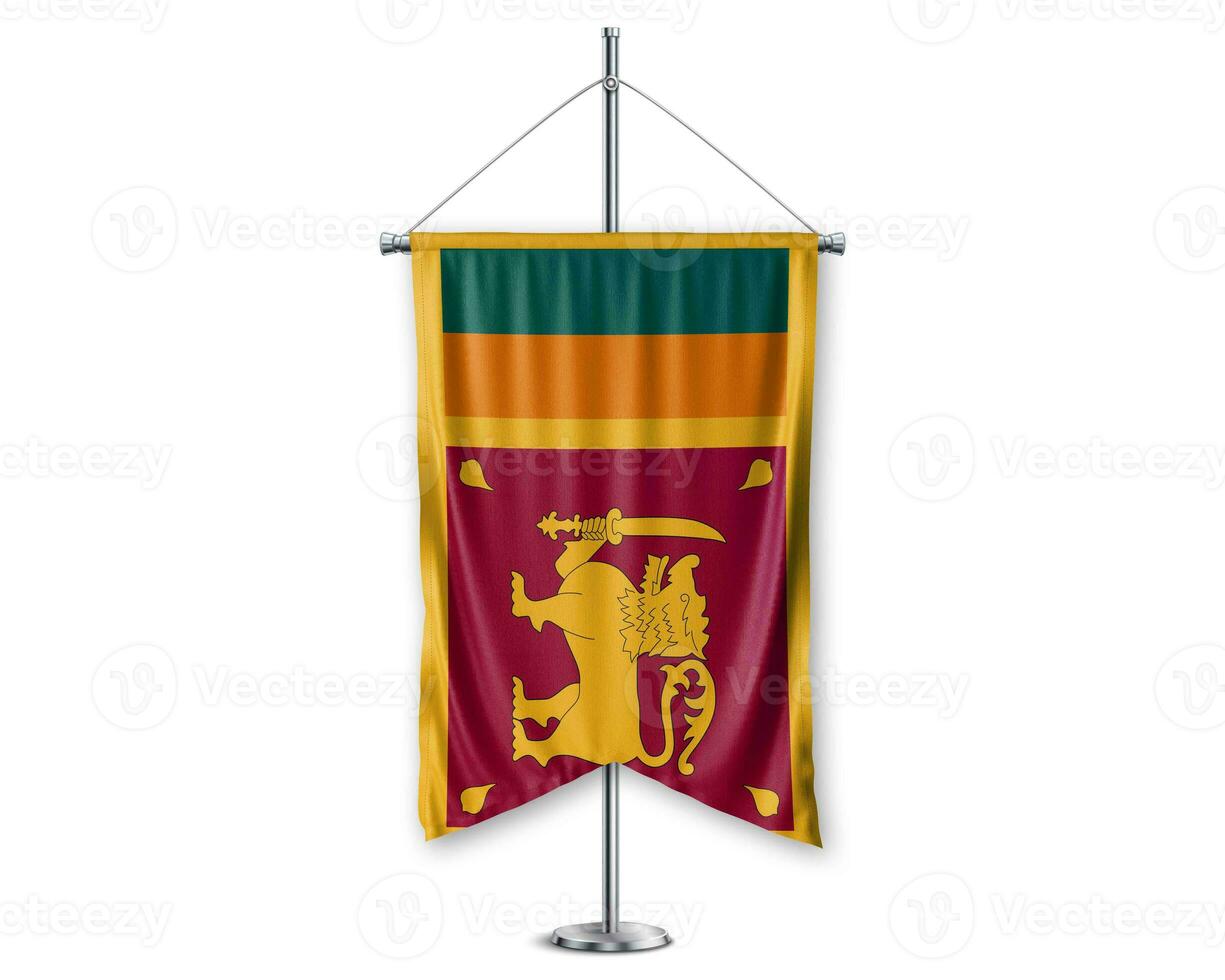 Sri Lanka up pennants 3D flags on pole stand support pedestal realistic set and white background. - Image photo