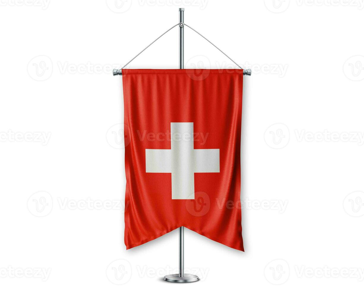 Switzerland up pennants 3D flags on pole stand support pedestal realistic set and white background. - Image photo