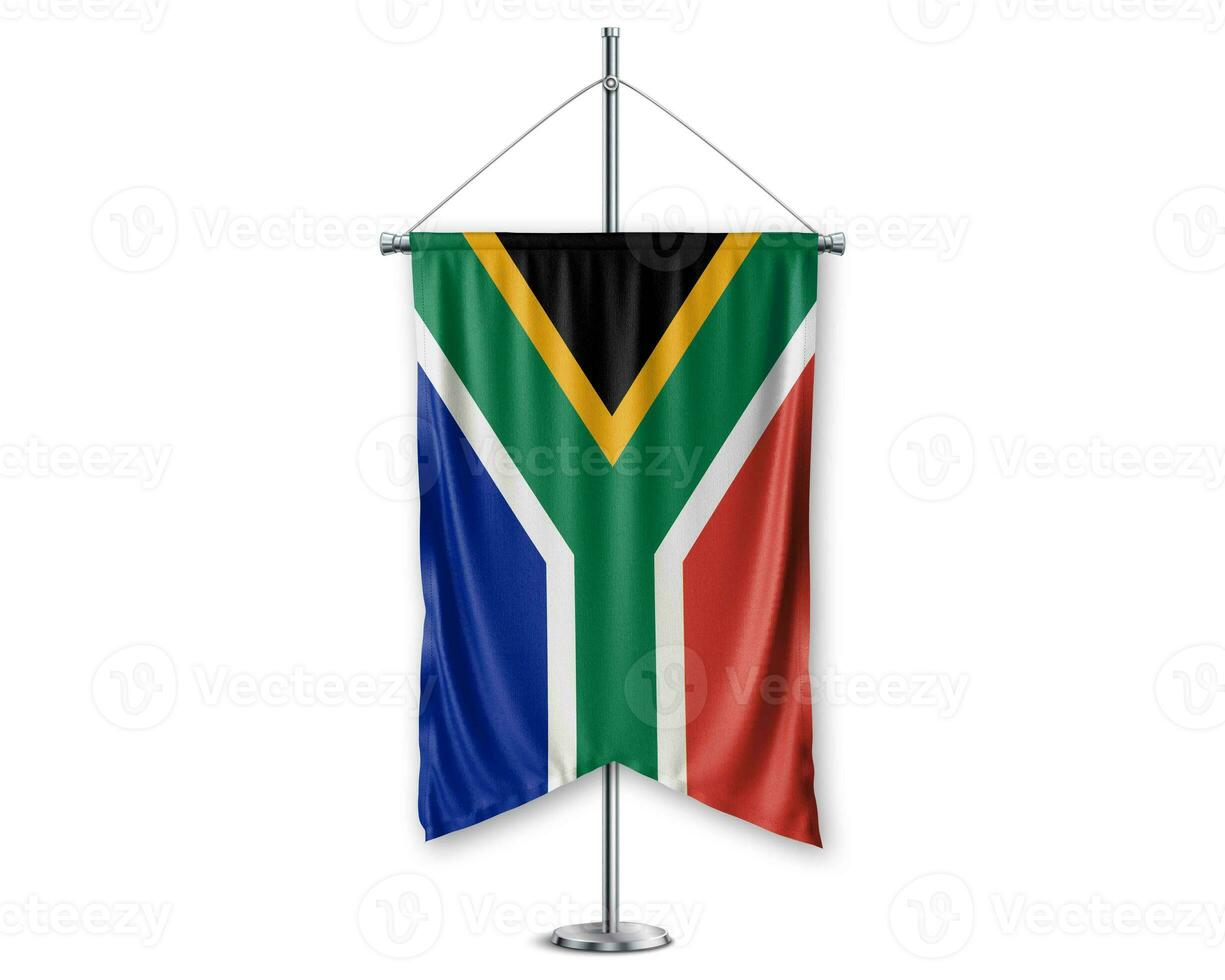 South Africa up pennants 3D flags on pole stand support pedestal realistic set and white background. - Image photo