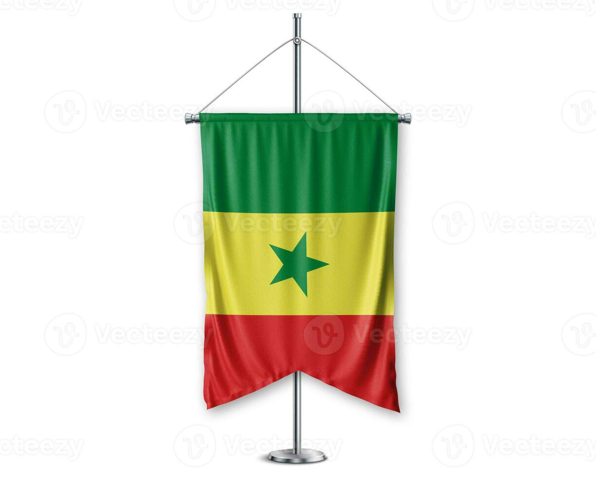 Seneqal up pennants 3D flags on pole stand support pedestal realistic set and white background. - Image photo
