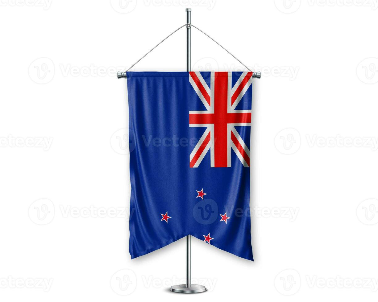 New Zealand up pennants 3D flags on pole stand support pedestal realistic set and white background. - Image photo