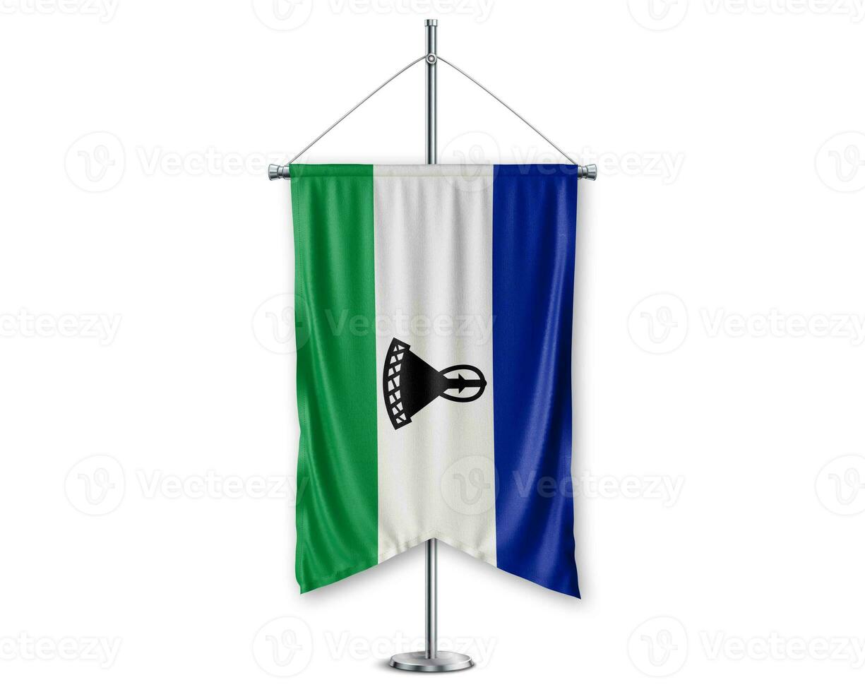 Lesotho up pennants 3D flags on pole stand support pedestal realistic set and white background. - Image photo