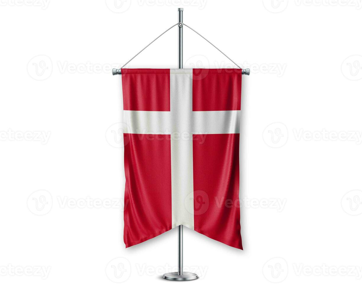 Danmark up pennants 3D flags on pole stand support pedestal realistic set and white background. - Image photo