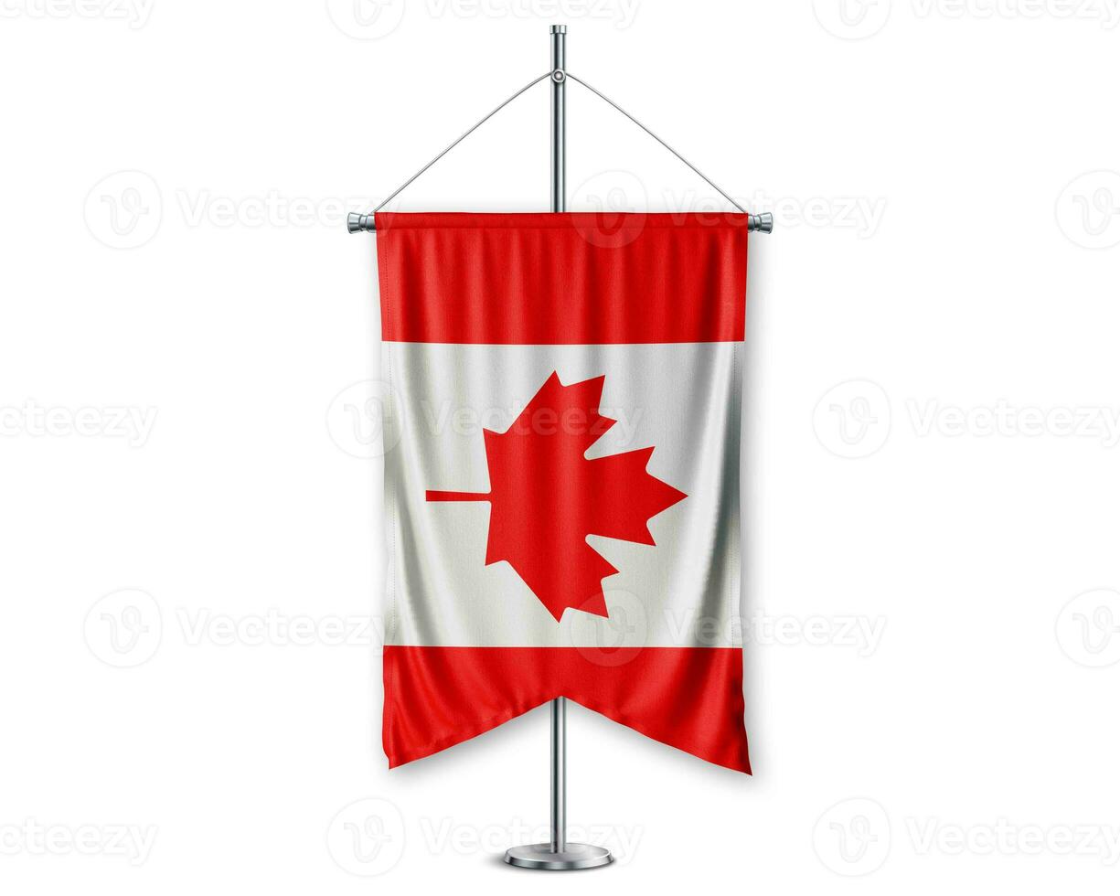 Canada up pennants 3D flags on pole stand support pedestal realistic set and white background. - Image photo