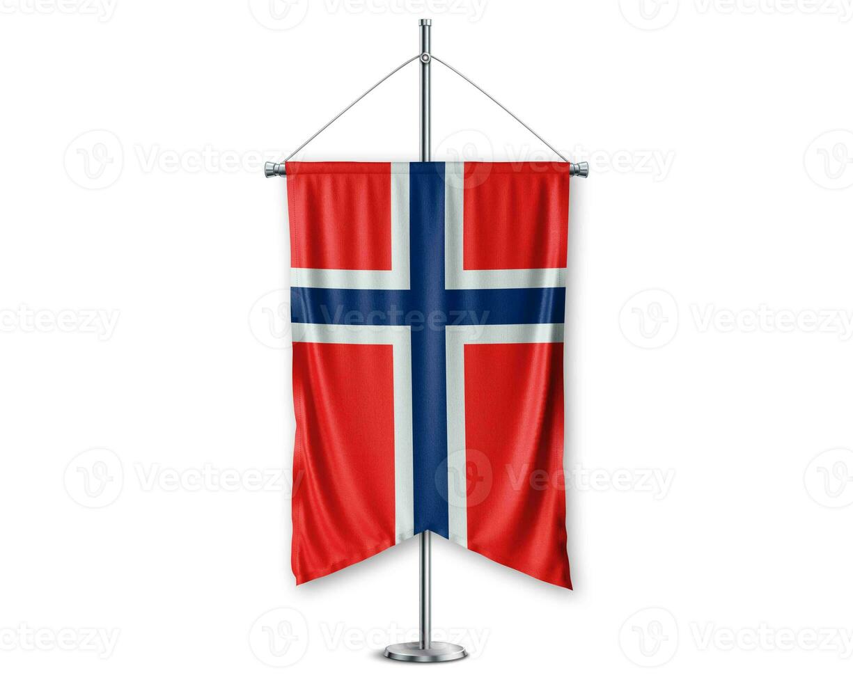 Norway up pennants 3D flags on pole stand support pedestal realistic set and white background. - Image photo