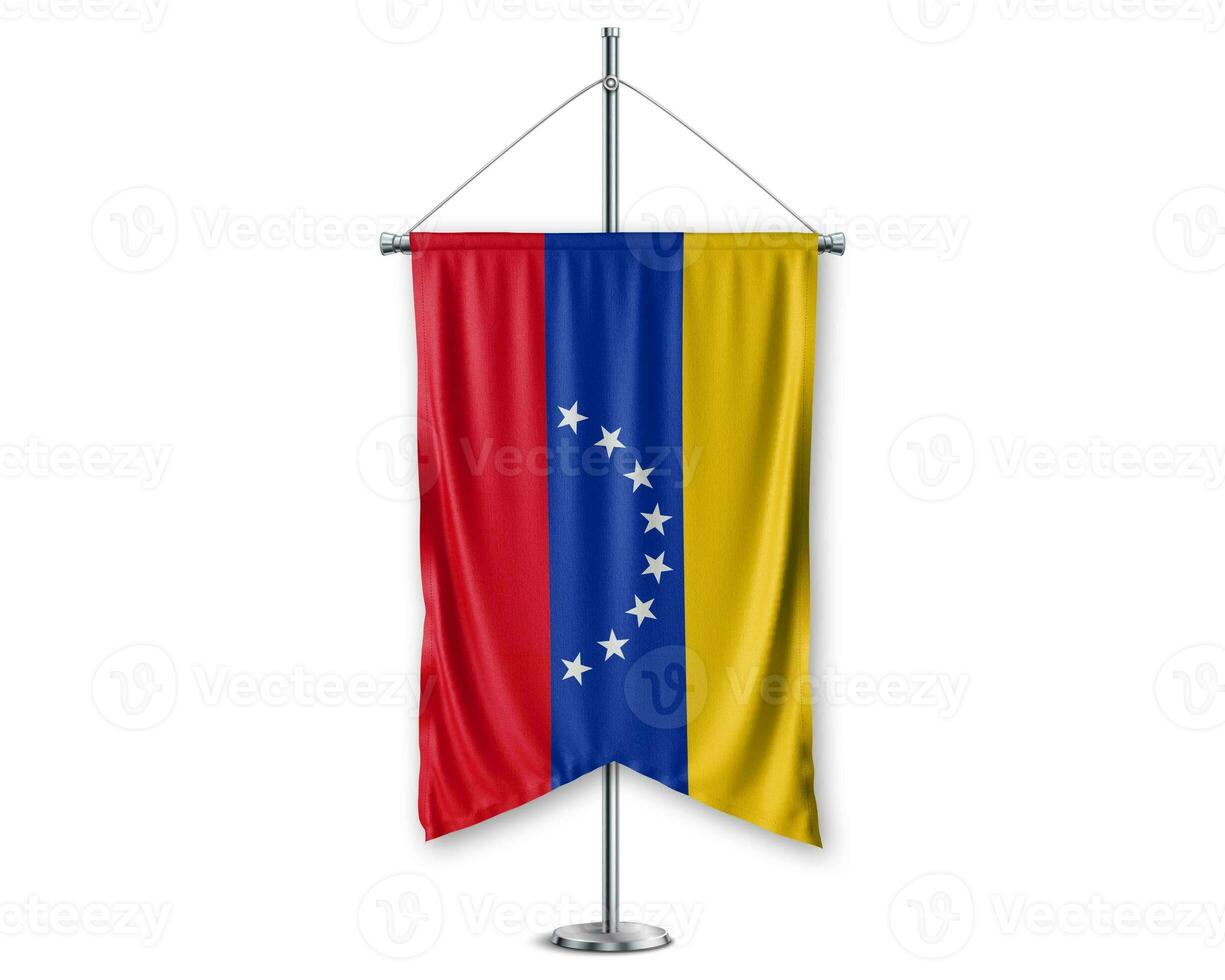 Venezuela up pennants 3D flags on pole stand support pedestal realistic set and white background. - Image photo