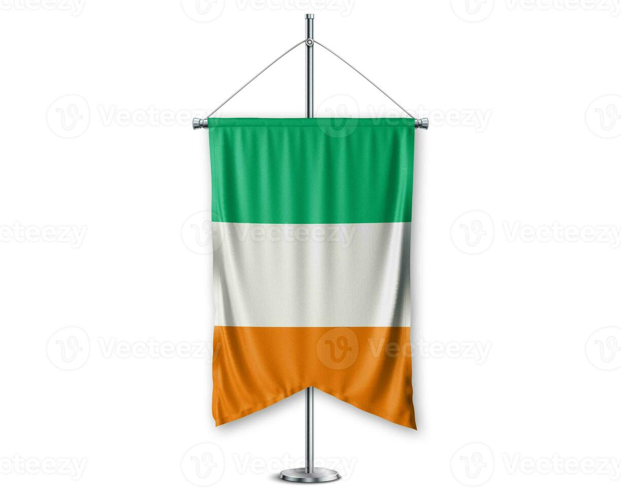 Ireland up pennants 3D flags on pole stand support pedestal realistic set and white background. - Image photo
