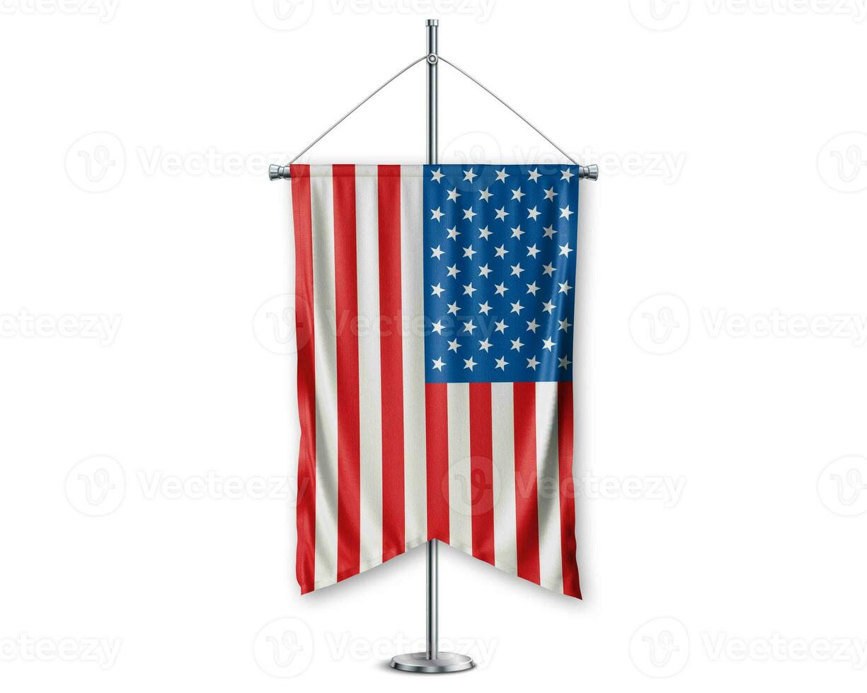 United states up pennants 3D flags on pole stand support pedestal realistic set and white background. - Image photo