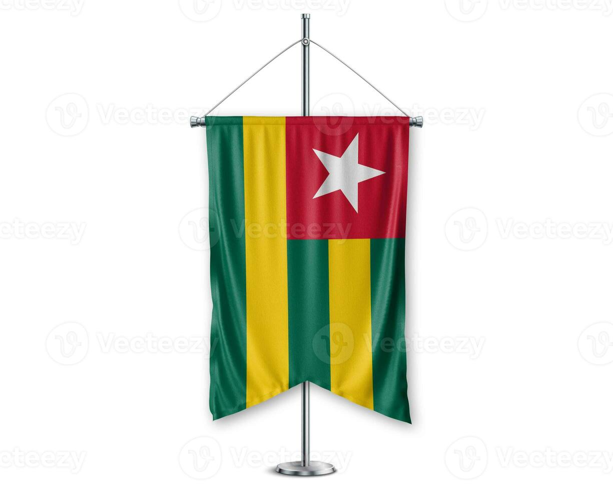 Togo up pennants 3D flags on pole stand support pedestal realistic set and white background. - Image photo