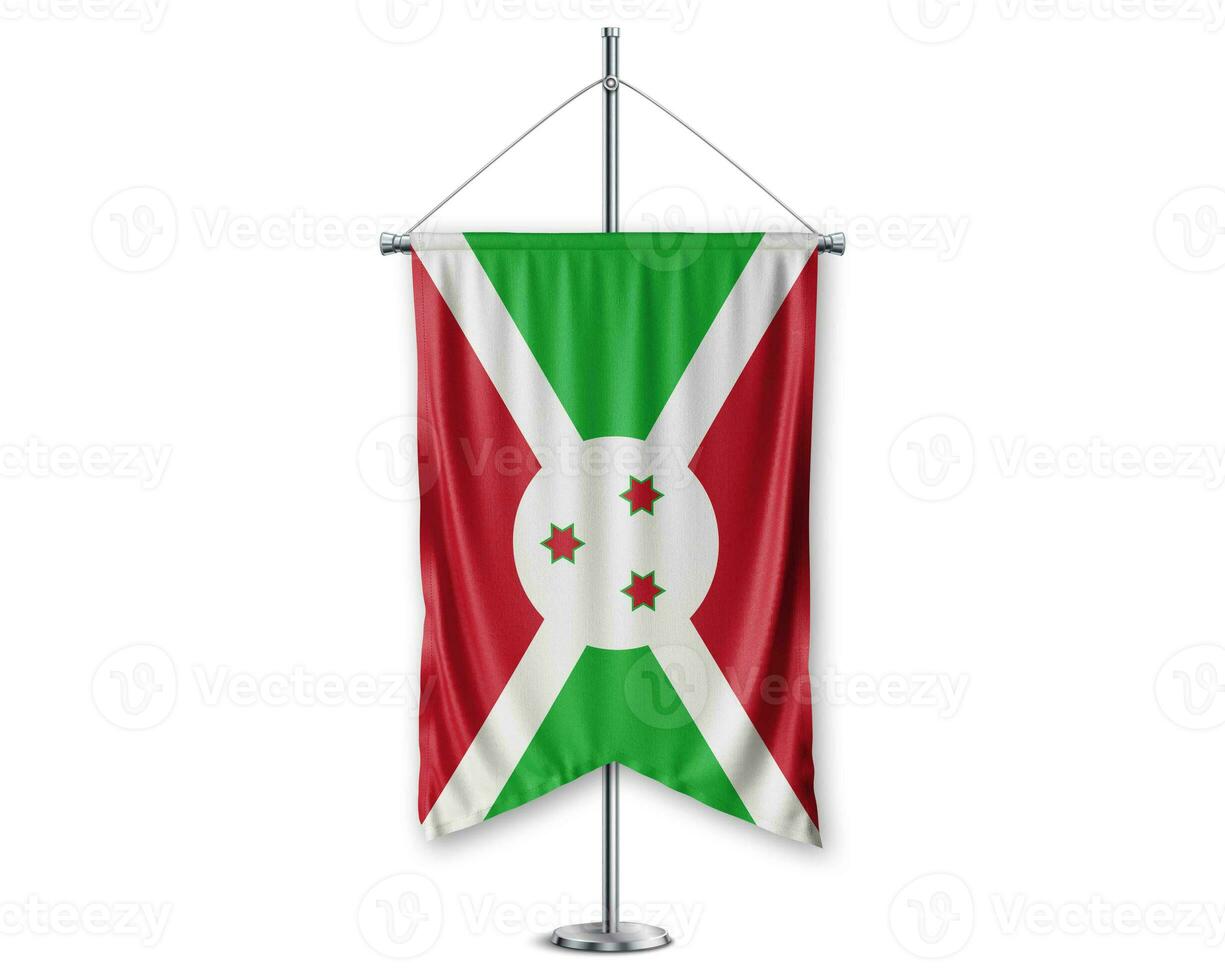 Burundi up pennants 3D flags on pole stand support pedestal realistic set and white background. - Image photo