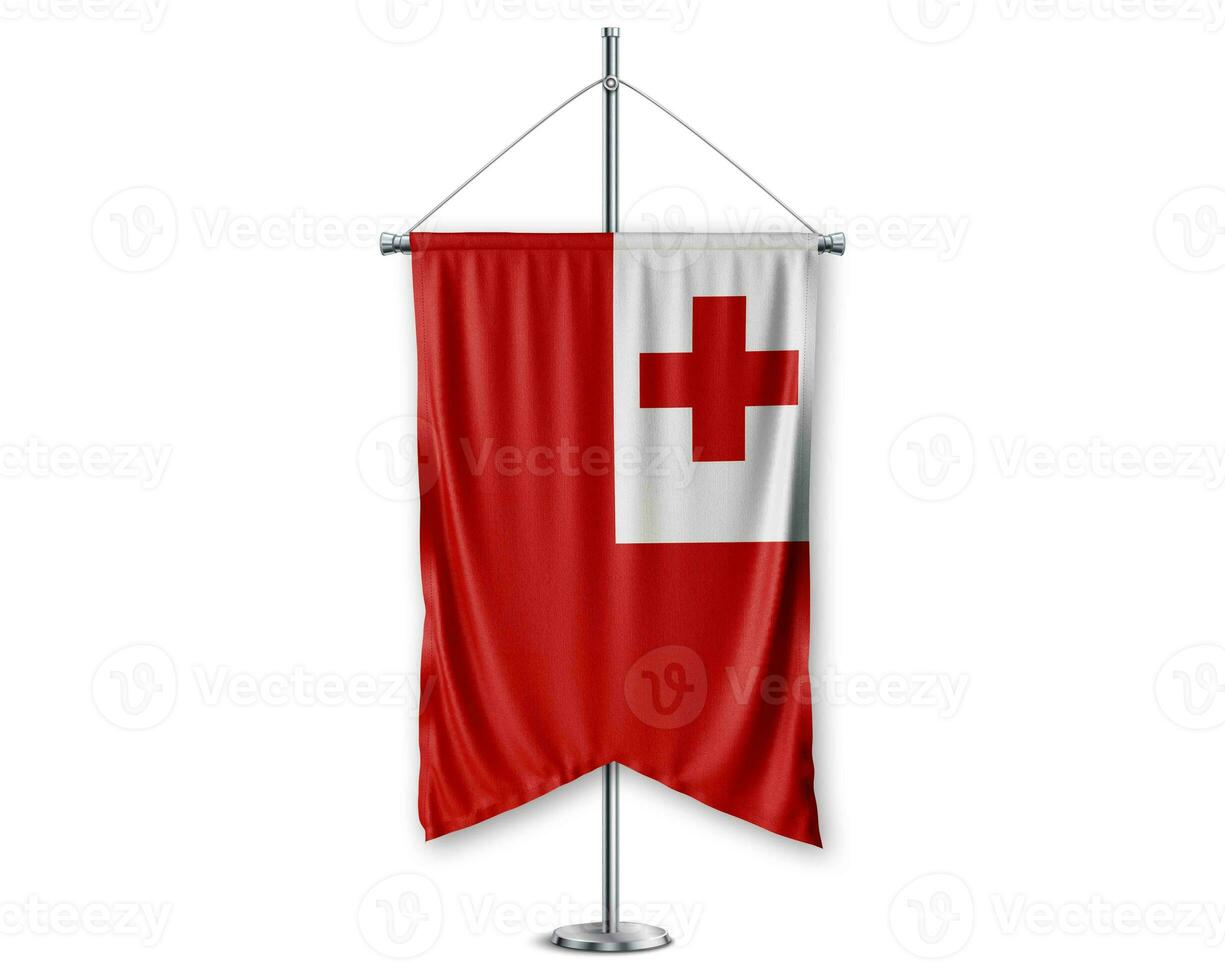Tonga up pennants 3D flags on pole stand support pedestal realistic set and white background. - Image photo