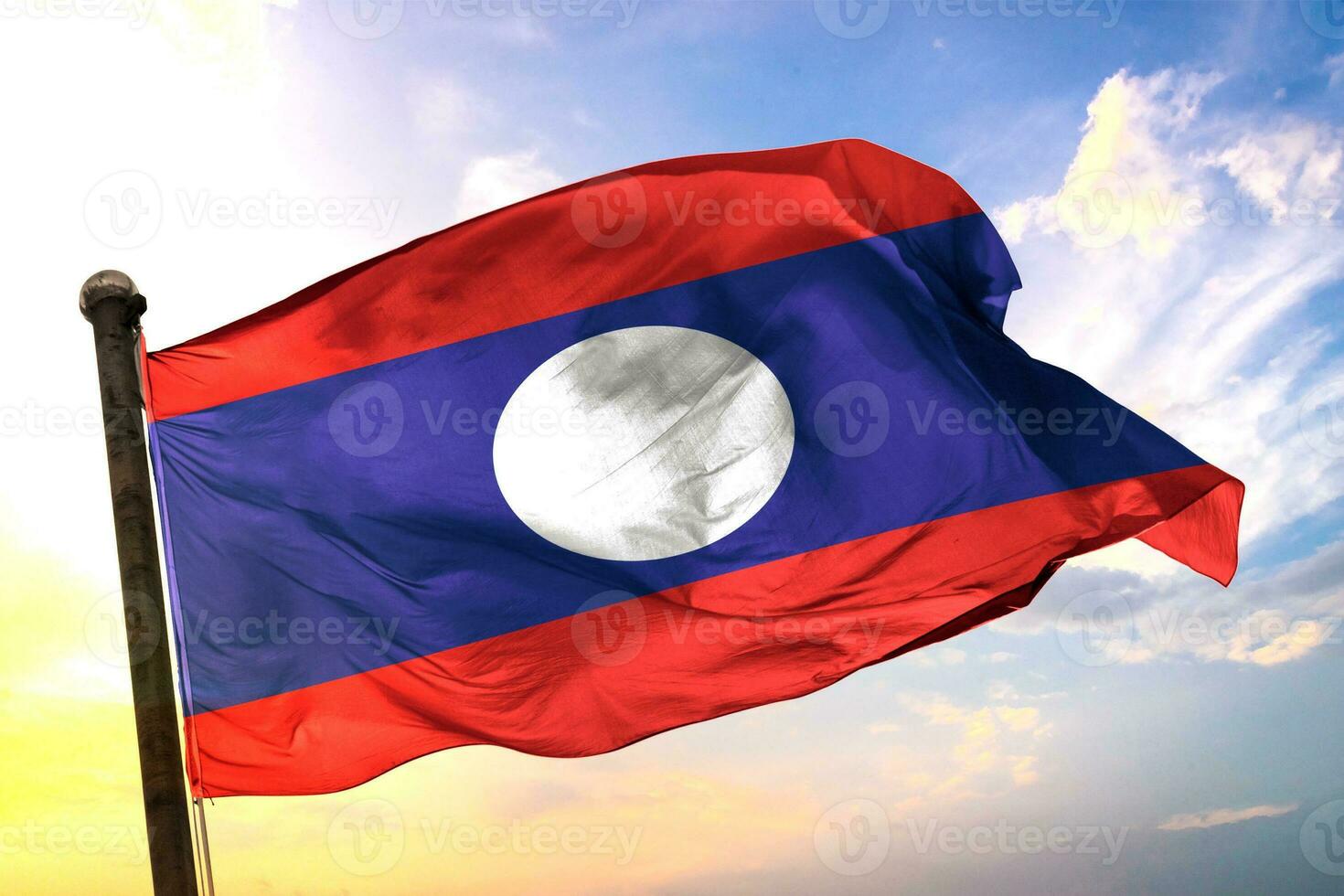 Laos 3D rendering flag waving isolated sky and cloud background photo