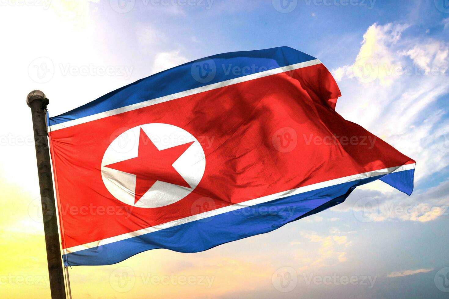 Corea del Norte 3d representación bandera ondulación aislado cielo y nube antecedentes foto