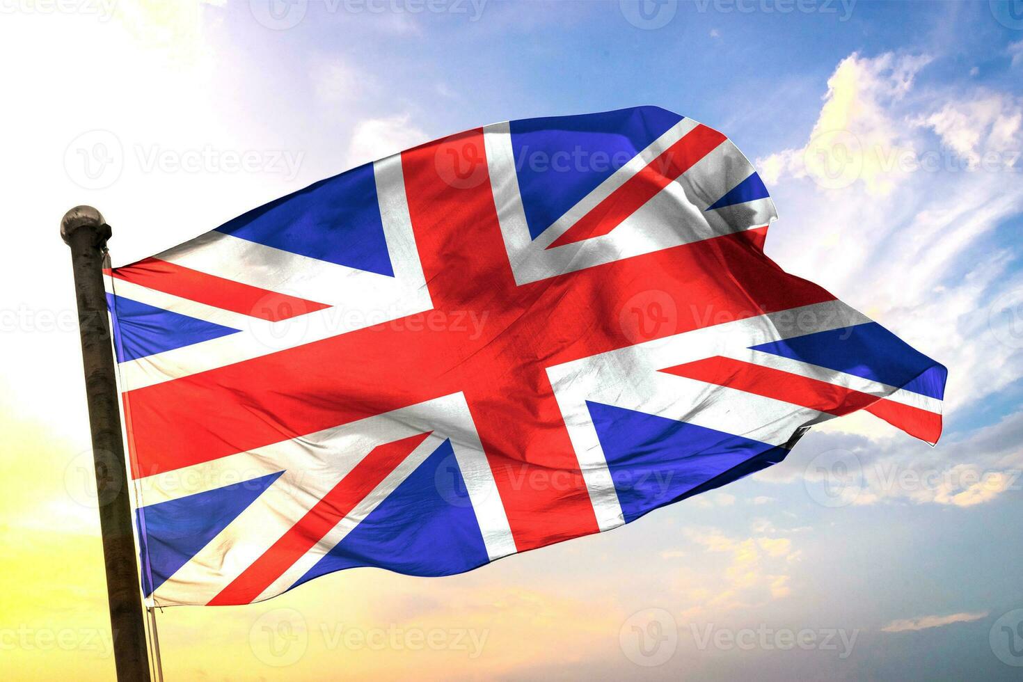 United-Kingdom  3D rendering flag waving isolated sky and cloud background photo