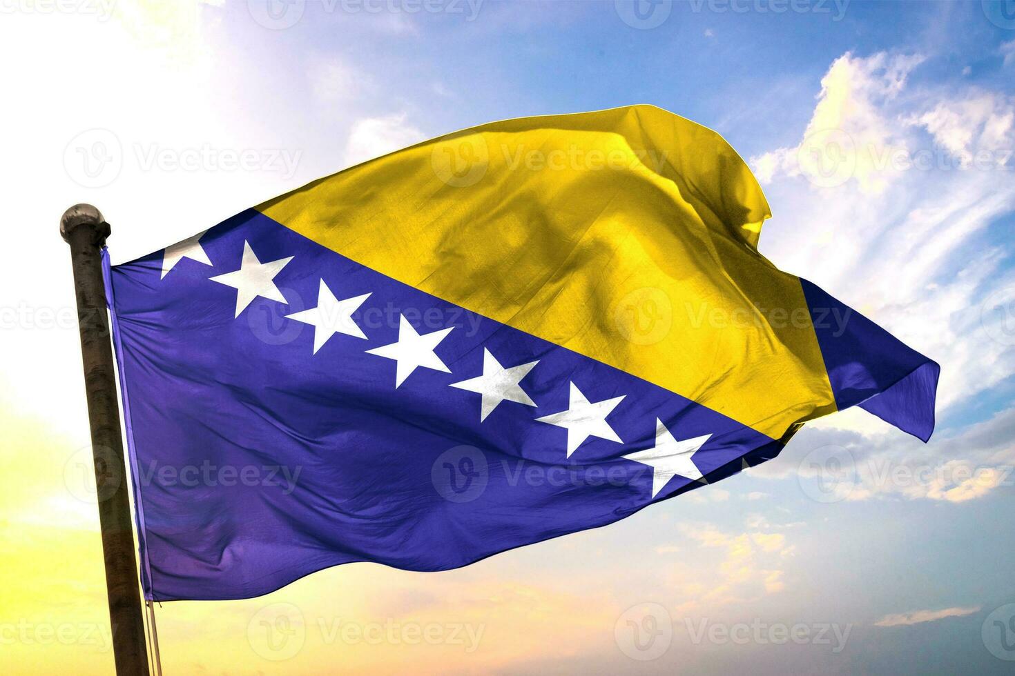 Bosnia-and-Herzeovian 3D rendering flag waving isolated sky and cloud background photo