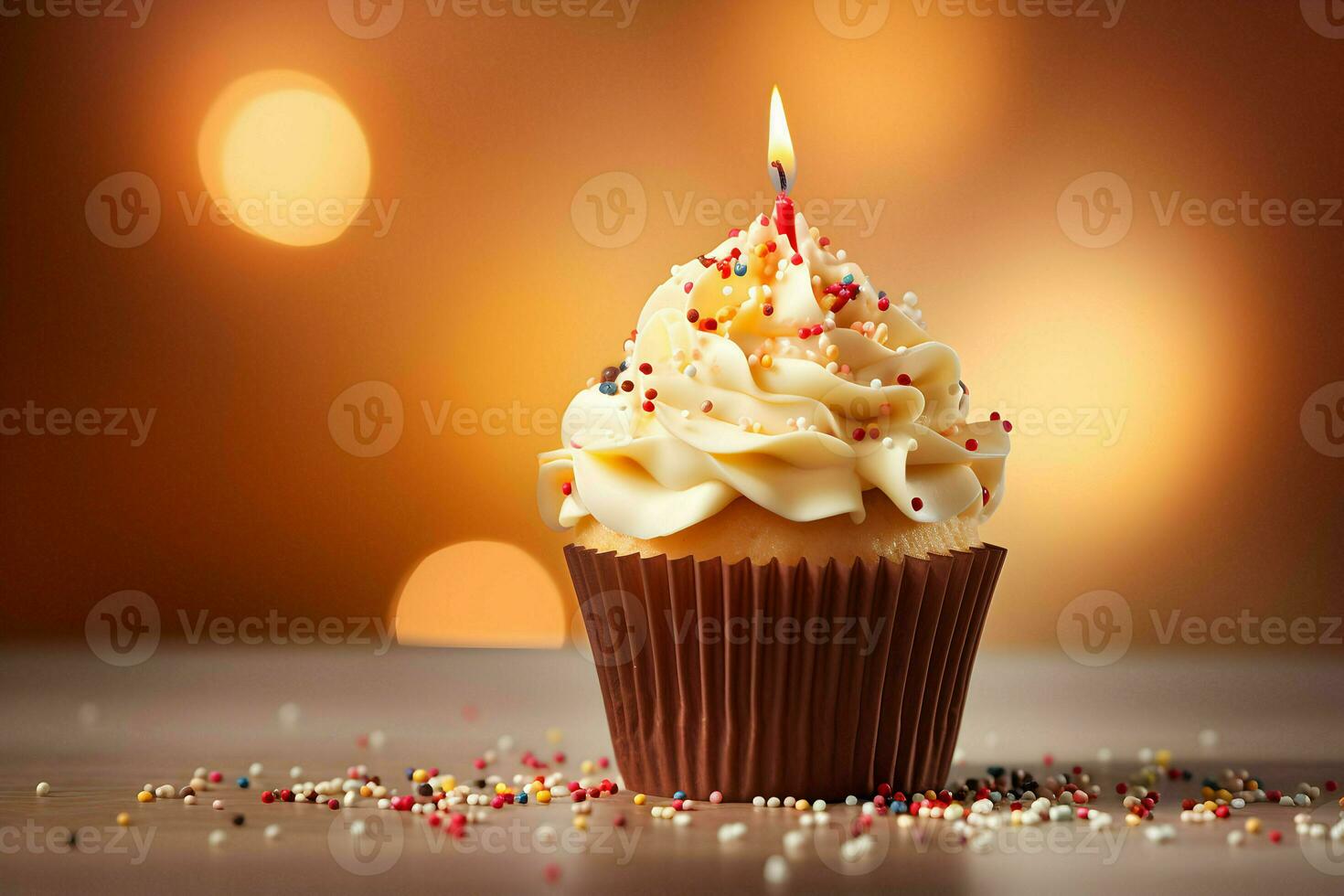 photo birthday cupcake with candle and with glaze arrangement generative ai