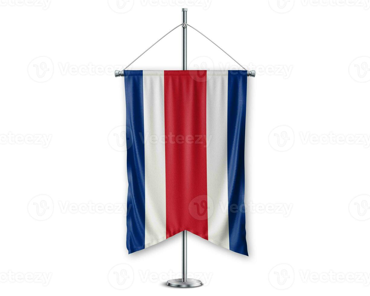 Costa Rica up pennants 3D flags on pole stand support pedestal realistic set and white background. - Image photo