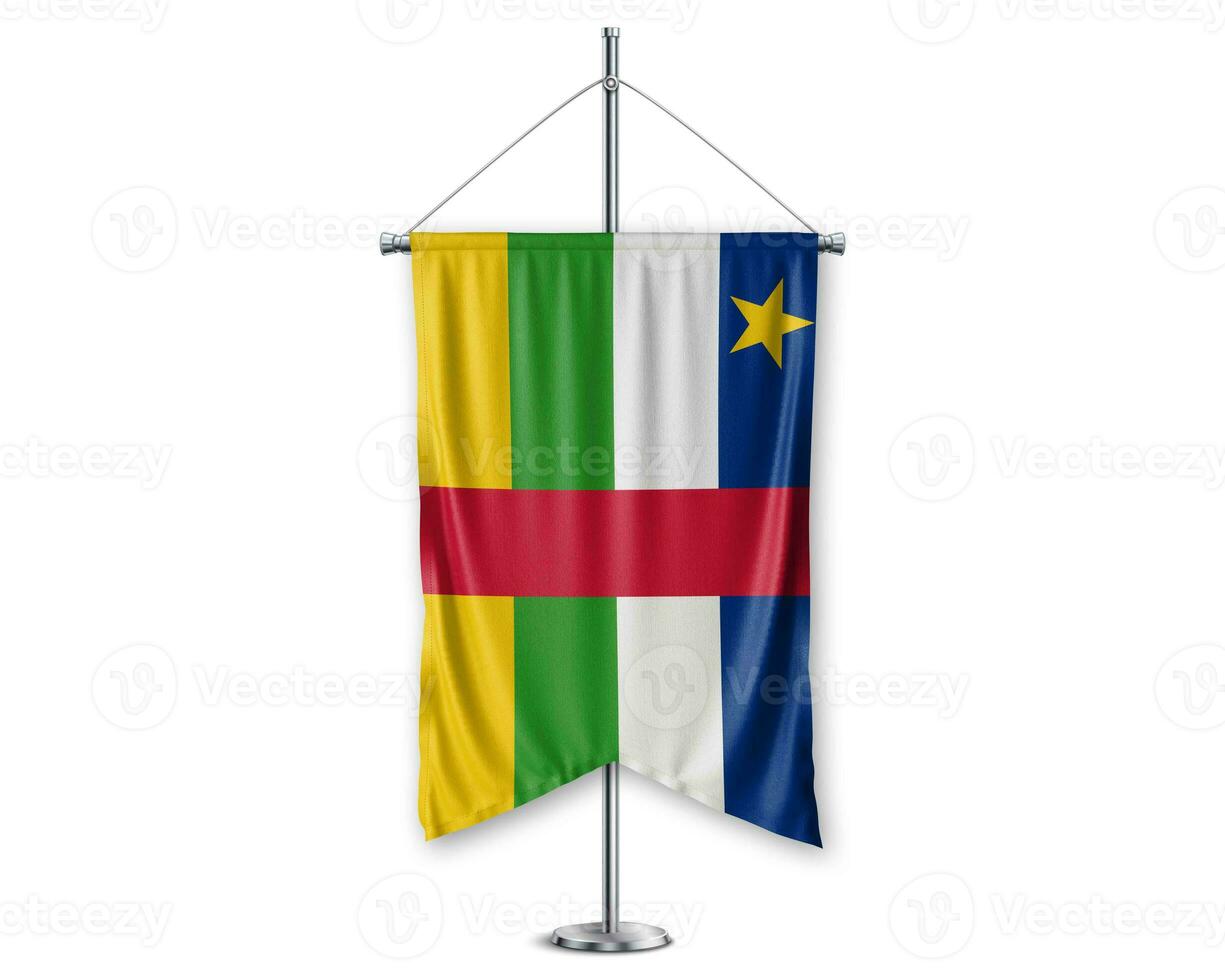 Central African up pennants 3D flags on pole stand support pedestal realistic set and white background. - Image photo