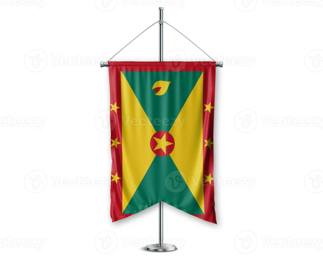 Grenada up pennants 3D flags on pole stand support pedestal realistic set and white background. - Image photo