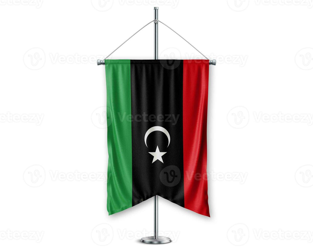 Libya up pennants 3D flags on pole stand support pedestal realistic set and white background. - Image photo