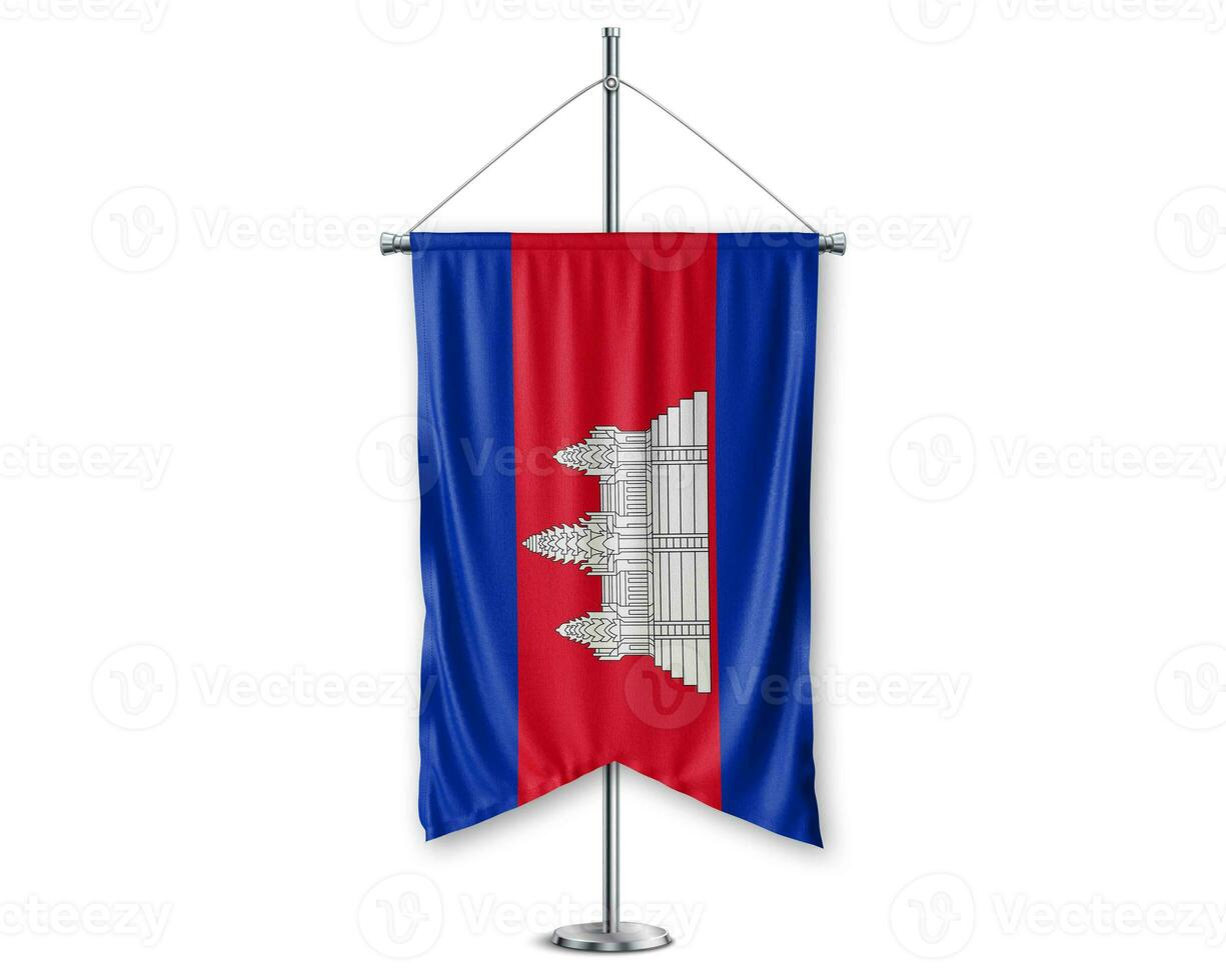 Cambodia up pennants 3D flags on pole stand support pedestal realistic set and white background. - Image photo