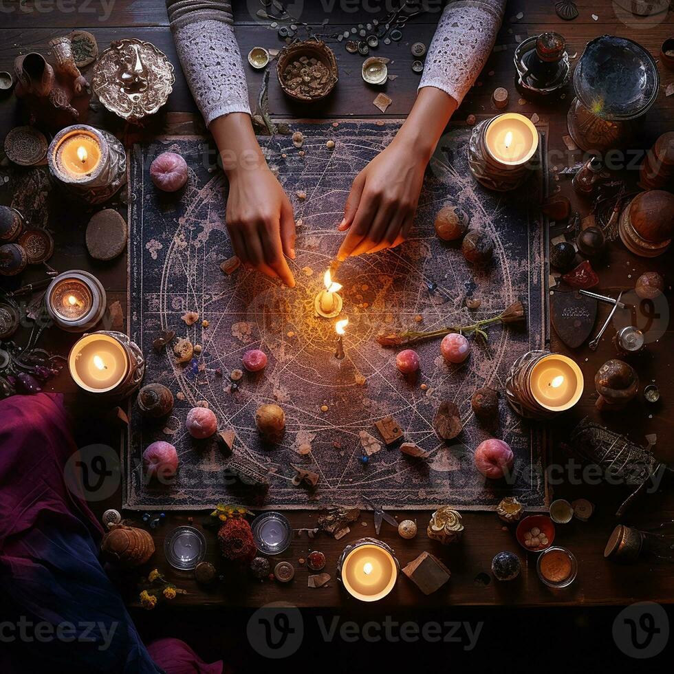 mystical ritual with candles and magic stones, top view. AI generated photo