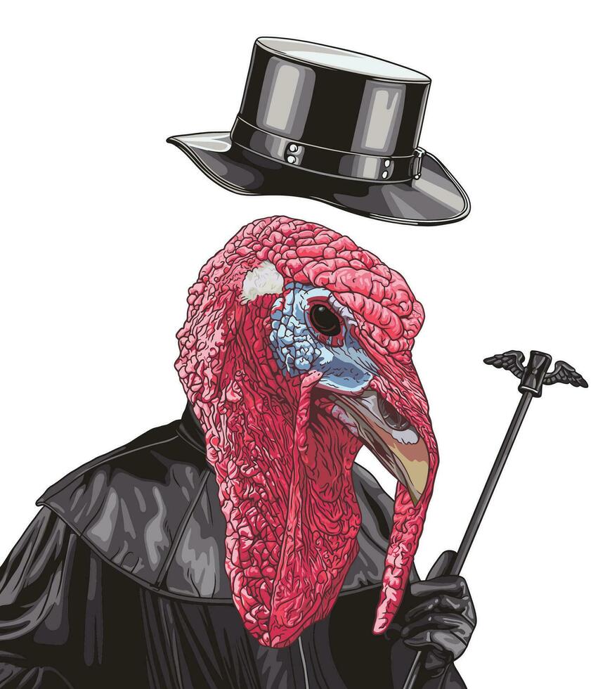A stylish turkey adorned in a top hat and gracefully gripping a cane. vector