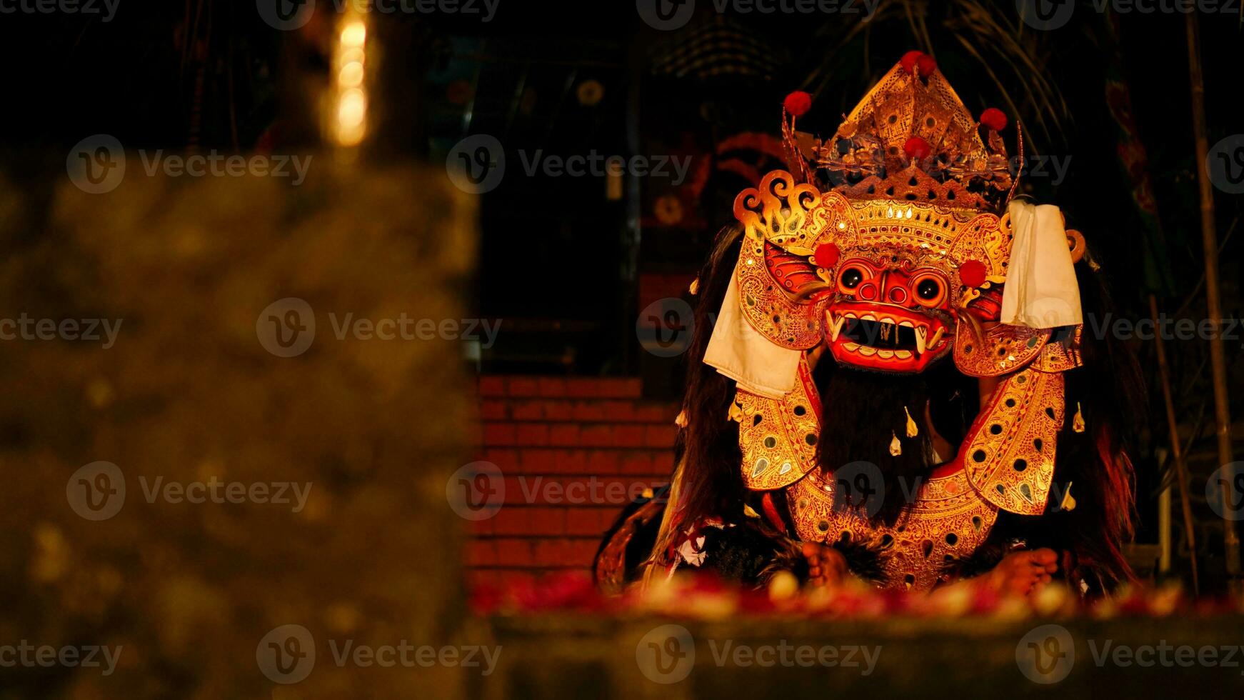 Barong dance staged to celebrate Saraswati's feast day, night day. Balinese dance and dancer, spooky photo
