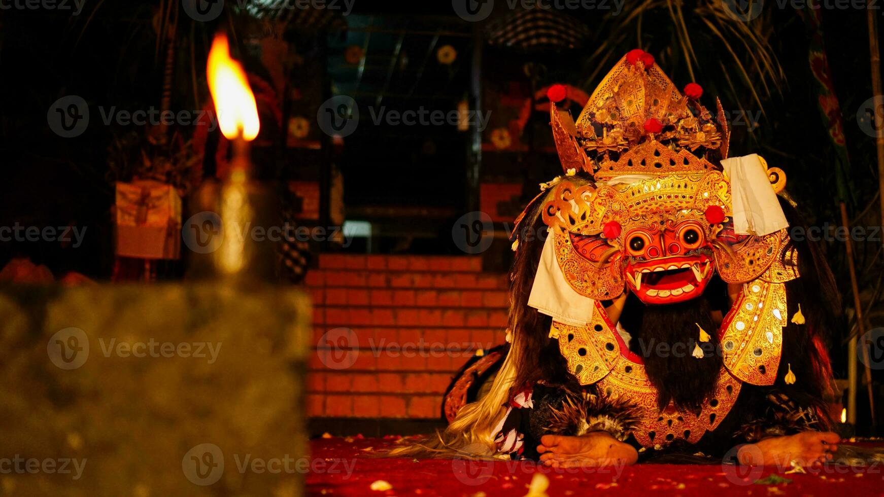 Barong dance staged to celebrate Saraswati's feast day, night day. Balinese dance and dancer, spooky photo