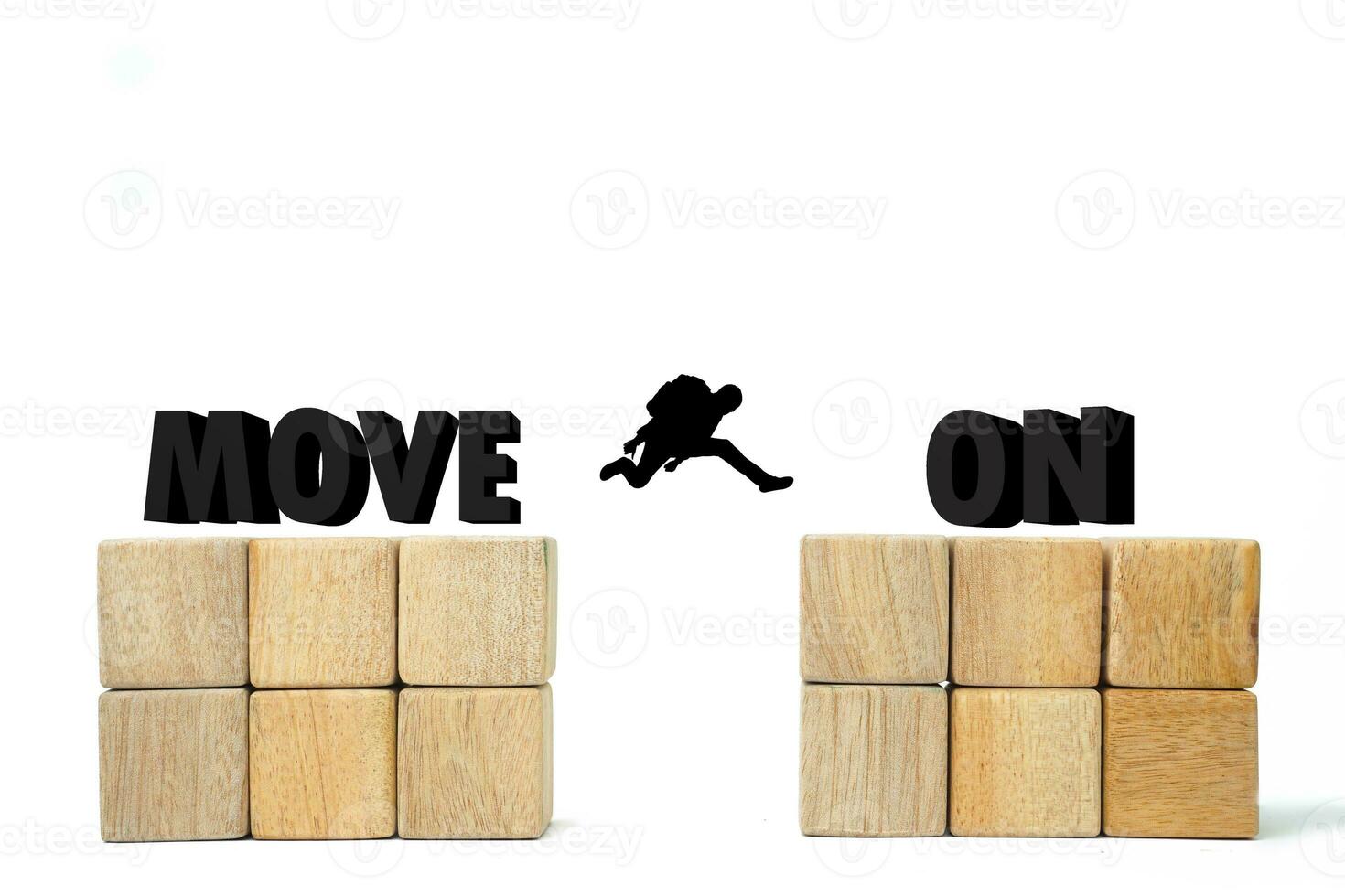 move on concept from boyfriend, girlfriend, job, problems and life. move on 3D text on the wooden cube with people or man jump to another cube photo